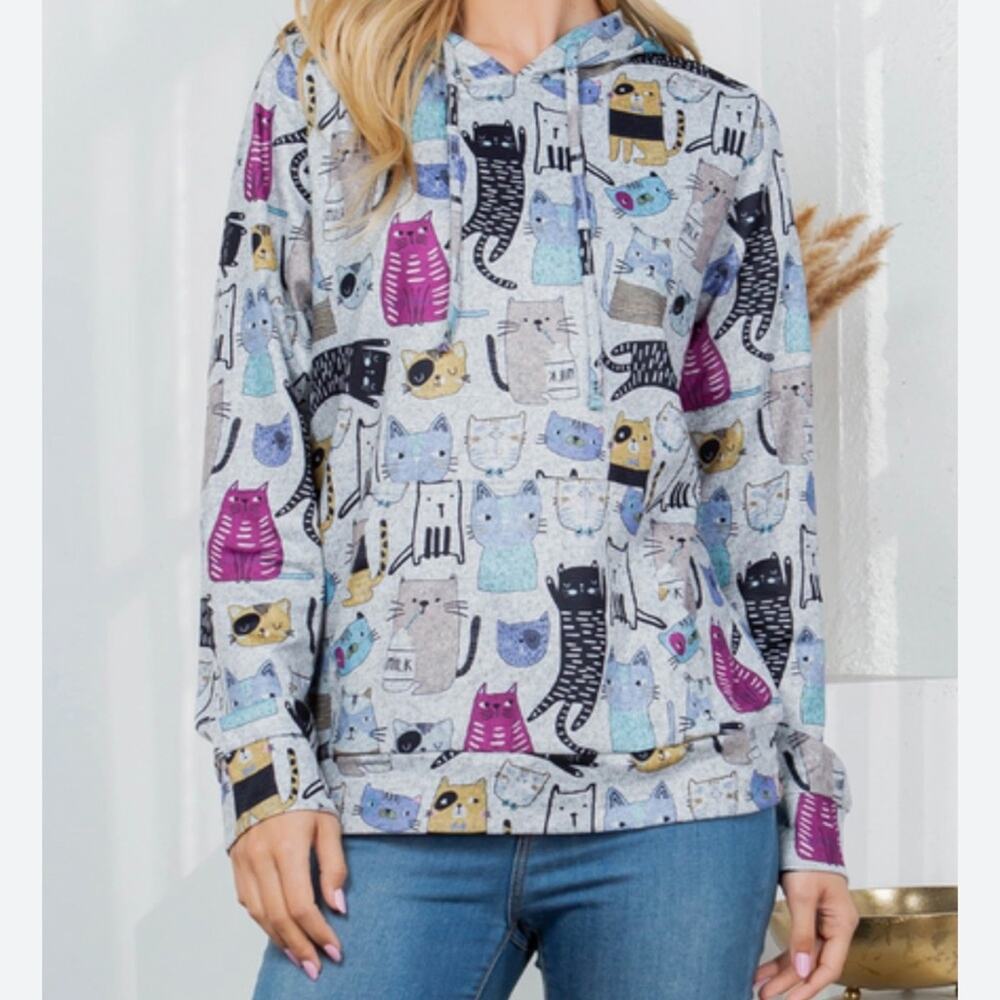LA Soul NWOT Cute Novelty Cat Gray Hoodie Sweatshirt Size Small - Picture 2 of 13
